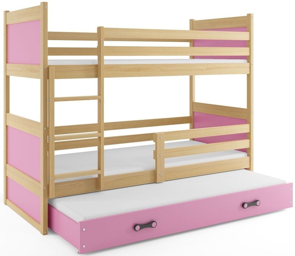eoshop Poschodová posteľ s prístelkou RICO 3 90x200 cm, borovica/ružová (Voľba matraca: Penový matrac)